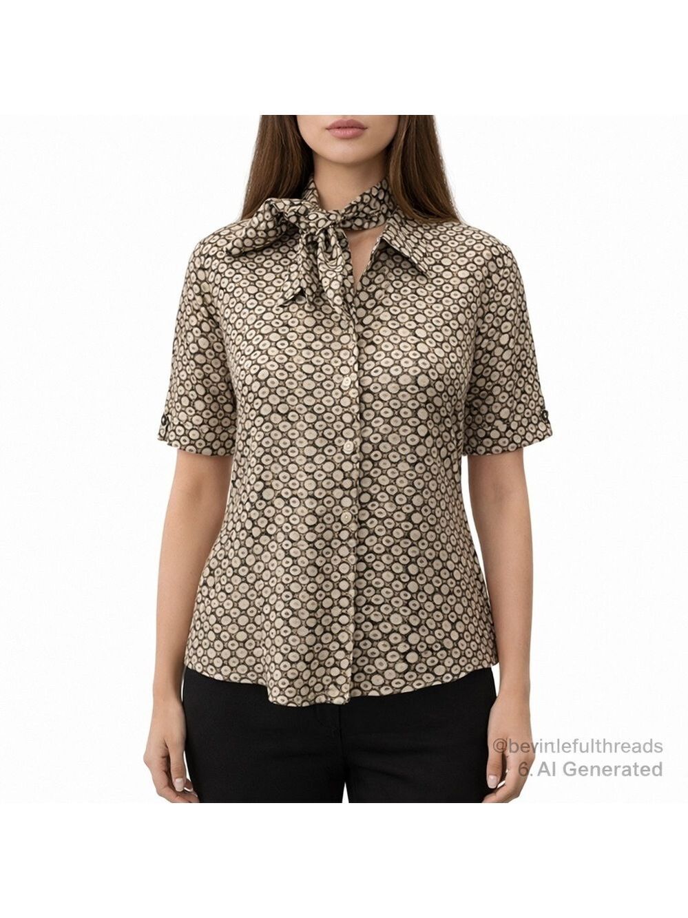 Dana Buchman Size 6 Tan Black Silk Short Sleeve Tie Neck Blouse